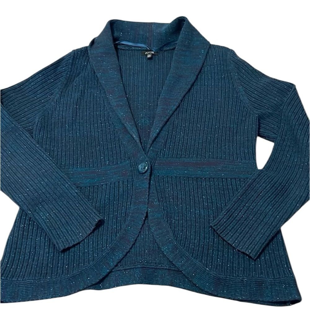 Apt9 szXL bluish/turquoise shawl collar 1 button ribbed knit cardigan EUC